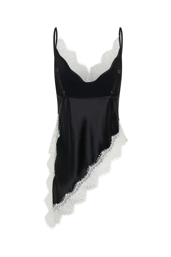 Lilah Lace Trim Top Black by Sneaky Link – an asymmetrical top with contrast lace and V neckline. Perfect for day-to-night styling.