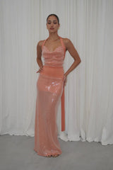 Lilou Dress Coral by Deconduarte, sequin cowl mini with adjustable ties and stretch fit, a trendy piece perfect for parties, dates or viral nights out.
