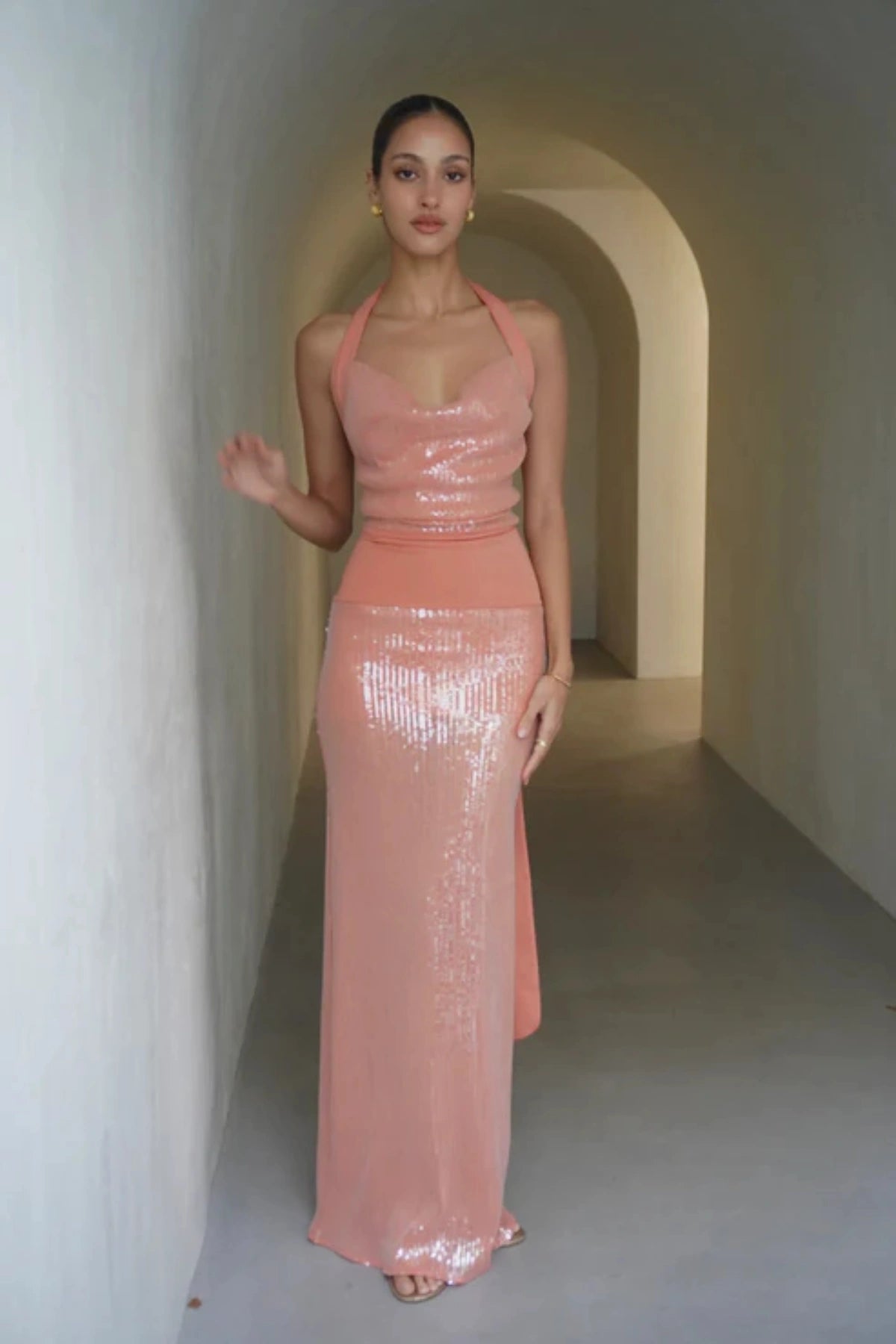 Lilou Dress Coral by Deconduarte, sequin cowl mini with adjustable ties and stretch fit, a trendy piece perfect for parties, dates or viral nights out.