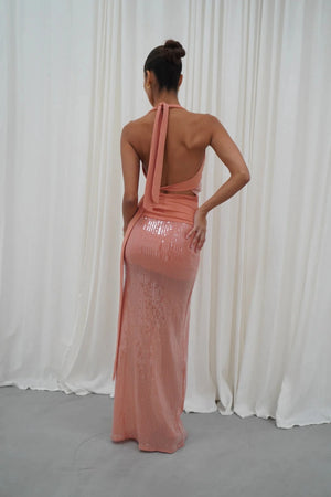 Lilou Dress Coral by Deconduarte, sequin cowl mini with adjustable ties and stretch fit, a trendy piece perfect for parties, dates or viral nights out.