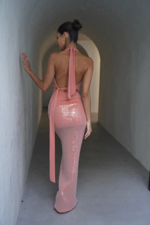 Lilou Dress Coral by Deconduarte, sequin cowl mini with adjustable ties and stretch fit, a trendy piece perfect for parties, dates or viral nights out.