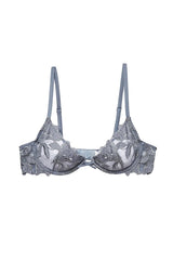 Lily Embroidery Plunge Demi Bra Mr Grey by Fleur Du Mal, sheer bra with floral embroidery and plunge fit. Perfect for lingerie sets or statement layering.