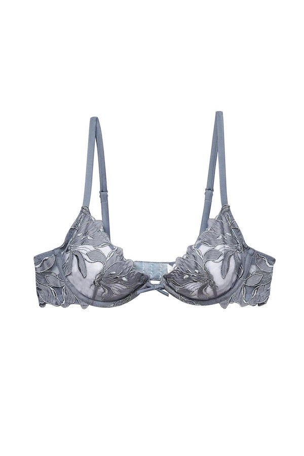 Lily Embroidery Plunge Demi Bra Mr Grey by Fleur Du Mal, sheer bra with floral embroidery and plunge fit. Perfect for lingerie sets or statement layering.