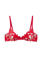Lily Embroidery Plunge Demi Bra Rouge by Fleur Du Mal, sheer bra with floral embroidery and plunge fit. Perfect for lingerie sets or statement layering.