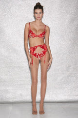 Lily Embroidery Plunge Demi Bra Rouge by Fleur Du Mal, sheer bra with floral embroidery and plunge fit. Perfect for lingerie sets or statement layering.