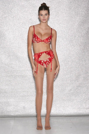 Lily Embroidery Plunge Demi Bra Rouge by Fleur Du Mal, sheer bra with floral embroidery and plunge fit. Perfect for lingerie sets or statement layering.