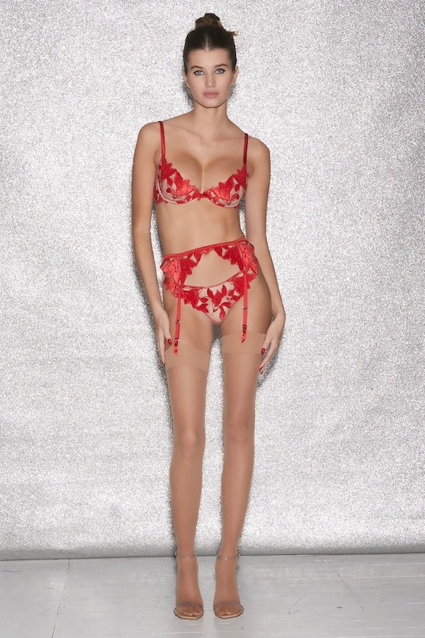 Lily Embroidery Plunge Demi Bra Rouge by Fleur Du Mal, sheer bra with floral embroidery and plunge fit. Perfect for lingerie sets or statement layering.
