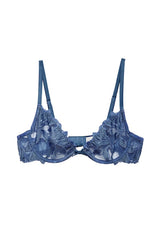 Lily Embroidery Plunge Demi Bra Spring Denim by Fleur Du Mal, sheer bra with floral embroidery and plunge fit. Perfect for lingerie sets or statement layering.