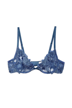 Lily Embroidery Plunge Demi Bra Spring Denim by Fleur Du Mal, sheer bra with floral embroidery and plunge fit. Perfect for lingerie sets or statement layering.
