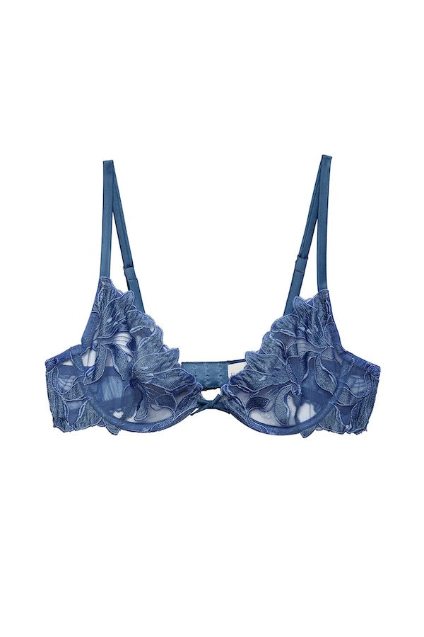 Lily Embroidery Plunge Demi Bra Spring Denim by Fleur Du Mal, sheer bra with floral embroidery and plunge fit. Perfect for lingerie sets or statement layering.