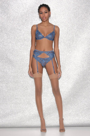 Lily Embroidery Plunge Demi Bra Spring Denim by Fleur Du Mal, sheer bra with floral embroidery and plunge fit. Perfect for lingerie sets or statement layering.
