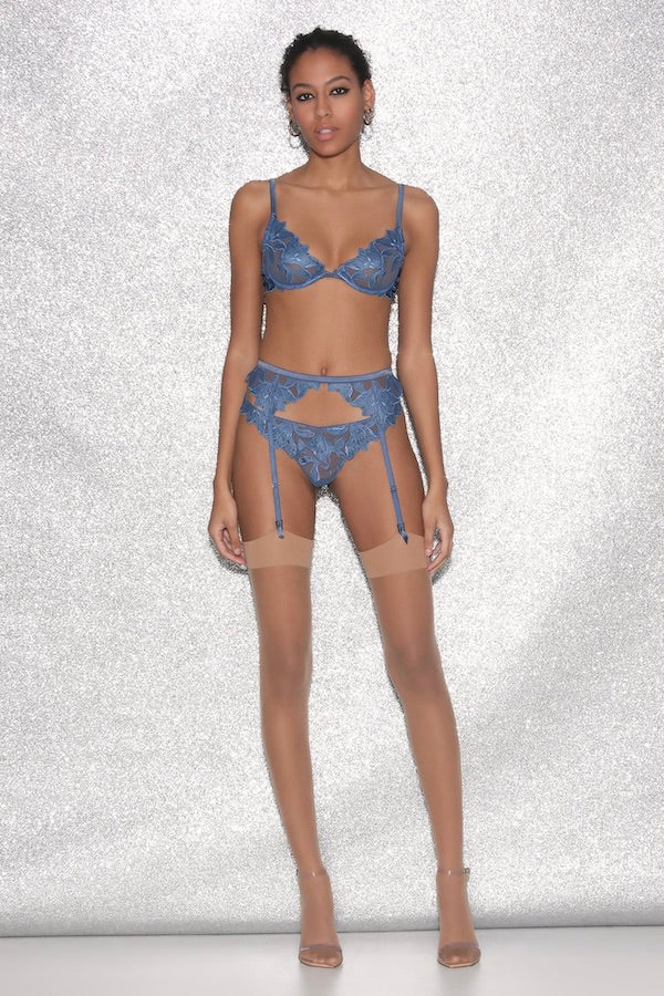 Lily Embroidery Plunge Demi Bra Spring Denim by Fleur Du Mal, sheer bra with floral embroidery and plunge fit. Perfect for lingerie sets or statement layering.