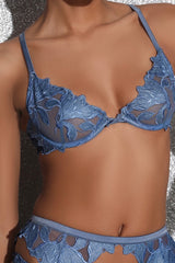 Lily Embroidery Plunge Demi Bra Spring Denim by Fleur Du Mal, sheer bra with floral embroidery and plunge fit. Perfect for lingerie sets or statement layering.