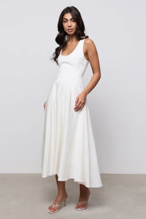 Linen Mix Midi Dress Ecru by Odd Muse – sleeveless midi dress with scoop neckline and signature waist cinch.