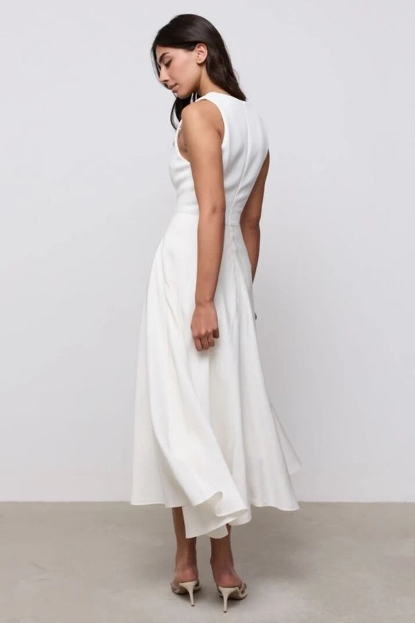 Linen Mix Midi Dress Ecru by Odd Muse – sleeveless midi dress with scoop neckline and signature waist cinch.