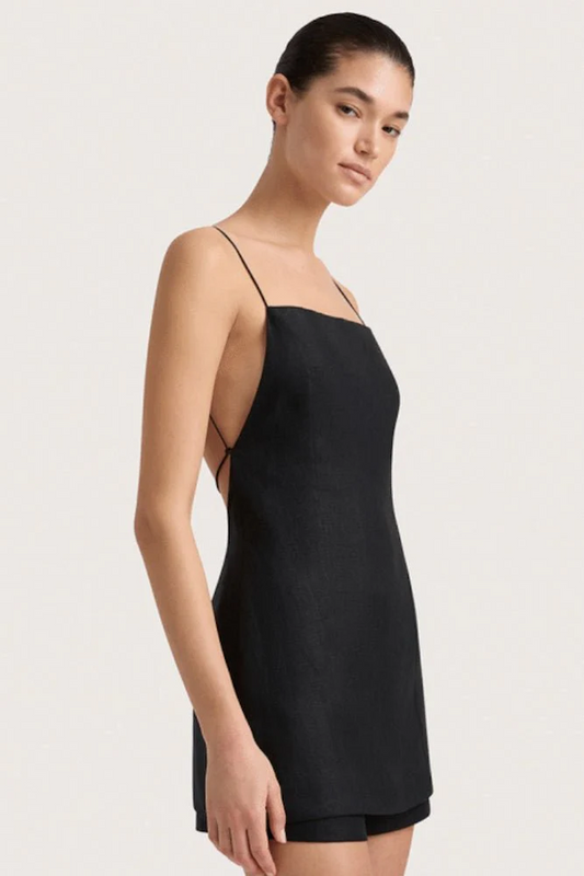 Linen Tie Back Dress Black – a linen dress with low back and tie detail. Perfect for effortless summer styling.