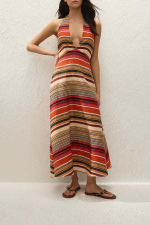 Liona Midi Dress Murano Amber by Odd Muse – a halter midi with stripe print and plunge neckline. Perfect for summer styling.
