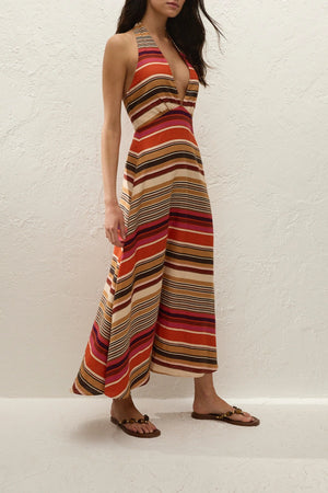 Liona Midi Dress Murano Amber by Odd Muse – a halter midi with stripe print and plunge neckline. Perfect for summer styling.