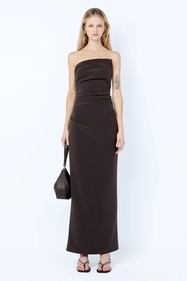Lior Strapless Dress Espresso by Bec + Bridge – a fitted column dress with asymmetric neckline. Perfect for evening styling.