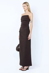 Lior Strapless Dress Espresso by Bec + Bridge – a fitted column dress with asymmetric neckline. Perfect for evening styling.