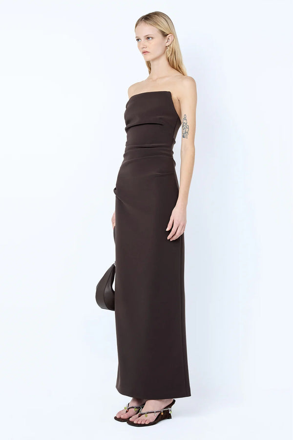 Lior Strapless Dress Espresso by Bec + Bridge – a fitted column dress with asymmetric neckline. Perfect for evening styling.