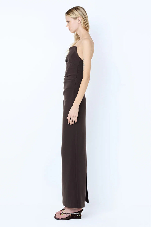 Lior Strapless Dress Espresso by Bec + Bridge – a fitted column dress with asymmetric neckline. Perfect for evening styling.