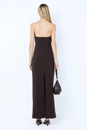Lior Strapless Dress Espresso by Bec + Bridge – a fitted column dress with asymmetric neckline. Perfect for evening styling.