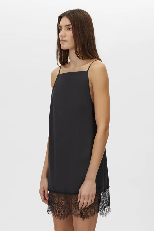 Lira Mini Dress Black by Camilla and Marc, chic mini with lace trim and slim straps that can be worn alone or as a tunic.