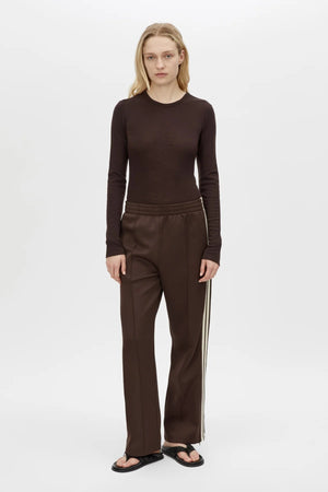 Locus Scuba Pant Espresso by Camilla and Marc - mid rise scuba pants with stripe detail and pintuck, perfect for elevated casual styling.