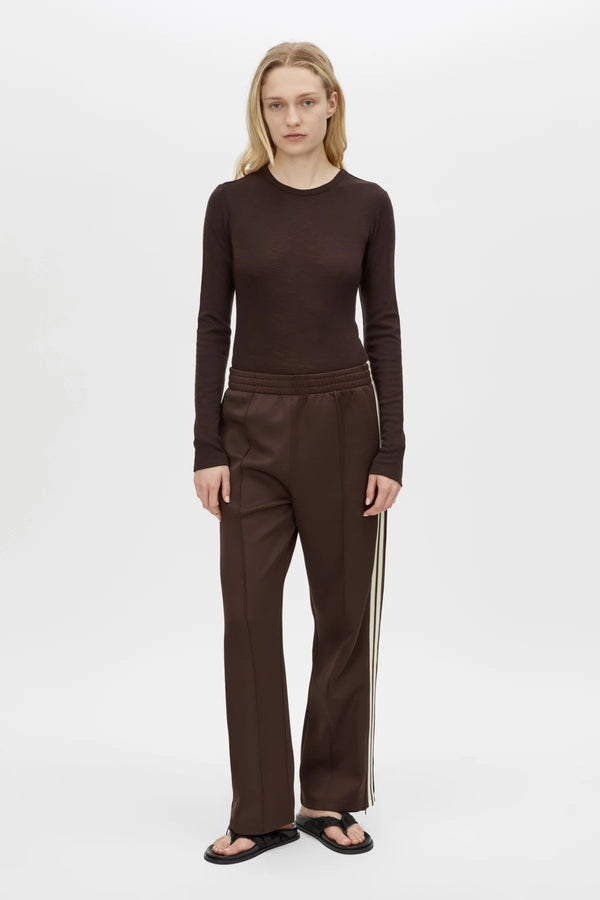 Locus Scuba Pant Espresso by Camilla and Marc - mid rise scuba pants with stripe detail and pintuck, perfect for elevated casual styling.