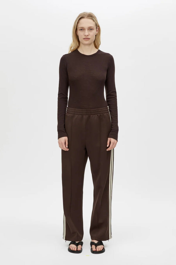 Locus Scuba Pant Espresso by Camilla and Marc - mid rise scuba pants with stripe detail and pintuck, perfect for elevated casual styling.