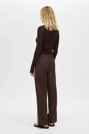 Locus Scuba Pant Espresso by Camilla and Marc - mid rise scuba pants with stripe detail and pintuck, perfect for elevated casual styling.