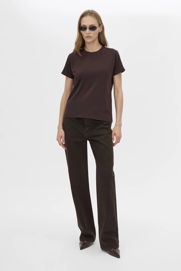 Locus Tee Espresso by Camilla and Marc - fitted cotton baby tee with stripe detail and crew neckline, perfect for elevated casual styling.
