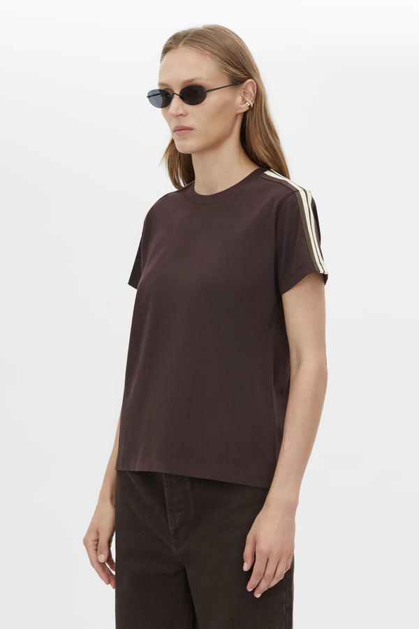 Locus Tee Espresso by Camilla and Marc - fitted cotton baby tee with stripe detail and crew neckline, perfect for elevated casual styling.