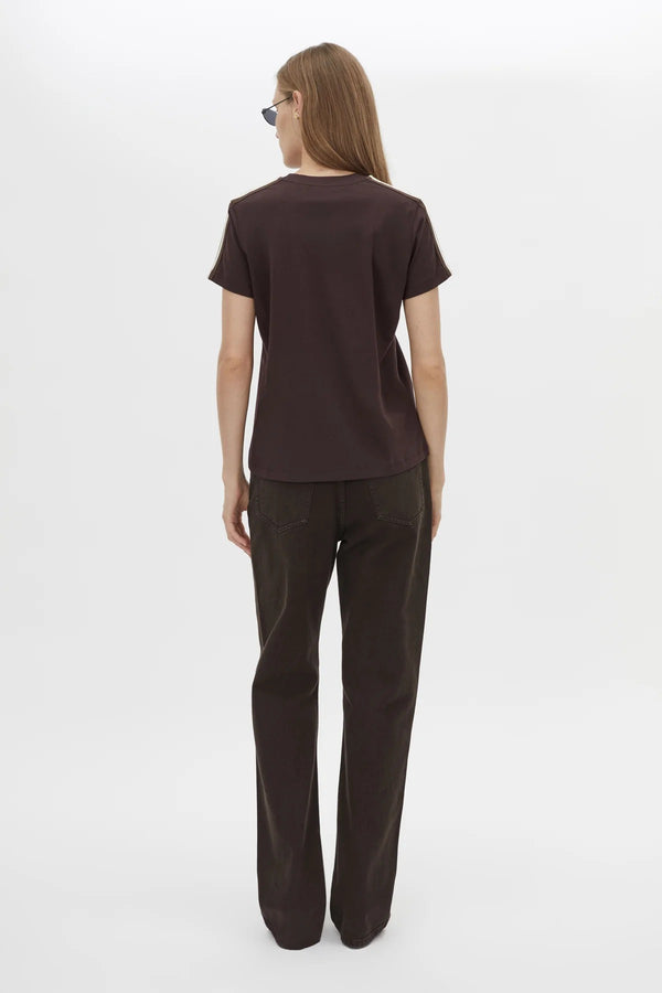 Locus Tee Espresso by Camilla and Marc - fitted cotton baby tee with stripe detail and crew neckline, perfect for elevated casual styling.