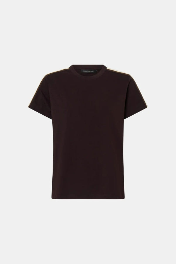 Locus Tee Espresso by Camilla and Marc - fitted cotton baby tee with stripe detail and crew neckline, perfect for elevated casual styling.