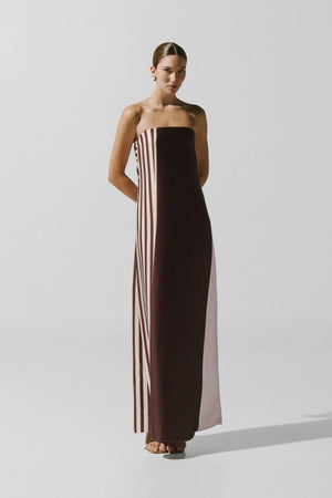 Lola Maxi Dress Caffe Verde by Baobab – strapless satin maxi dress with open back, resin stones and side split.