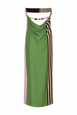 Lola Maxi Dress Caffe Verde by Baobab – strapless satin maxi dress with open back, resin stones and side split.