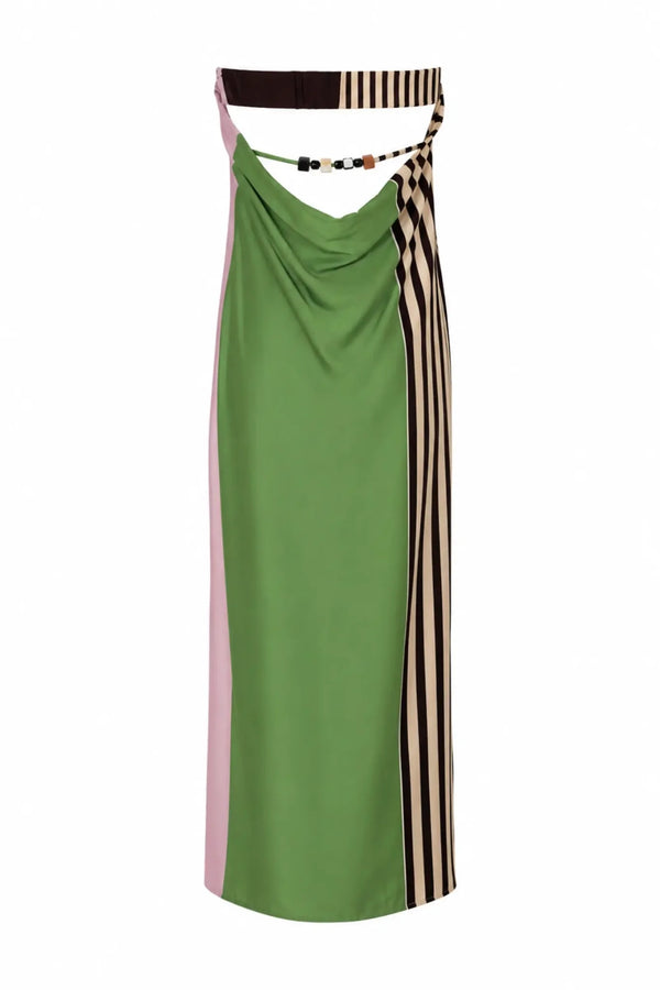 Lola Maxi Dress Caffe Verde by Baobab – strapless satin maxi dress with open back, resin stones and side split.