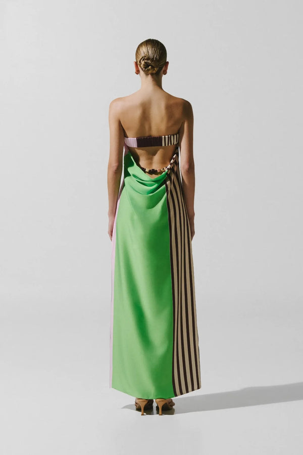 Lola Maxi Dress Caffe Verde by Baobab – strapless satin maxi dress with open back, resin stones and side split.