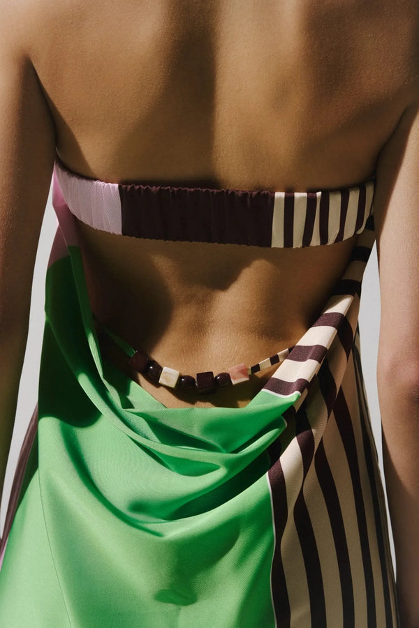 Lola Maxi Dress Caffe Verde by Baobab – strapless satin maxi dress with open back, resin stones and side split.