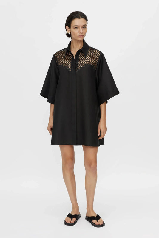 Lolani Dress Black by Camilla and Marc, linen-blend mini with signature embroidery and relaxed fit, a trendy piece perfect for travel or warm days.