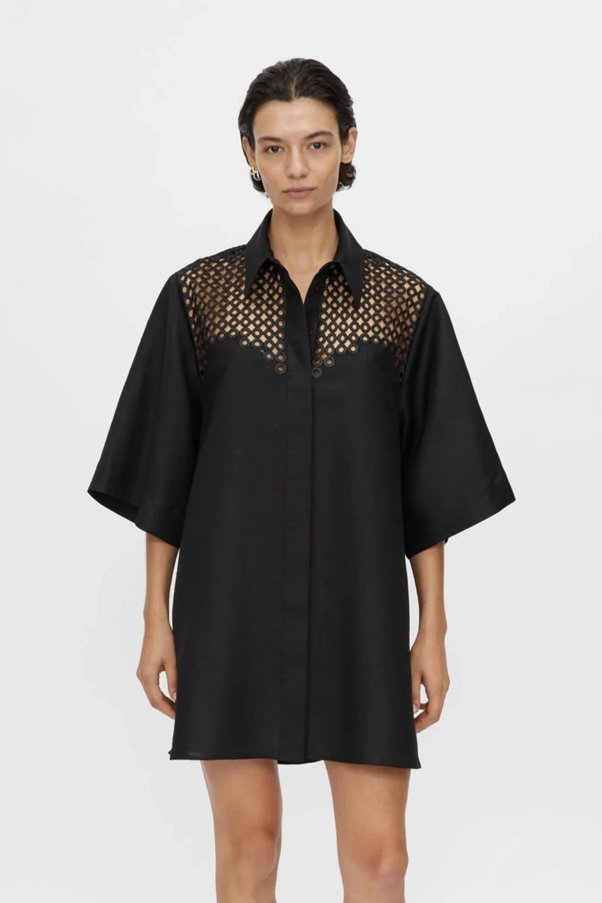 Lolani Dress Black by Camilla and Marc, linen-blend mini with signature embroidery and relaxed fit, a trendy piece perfect for travel or warm days.