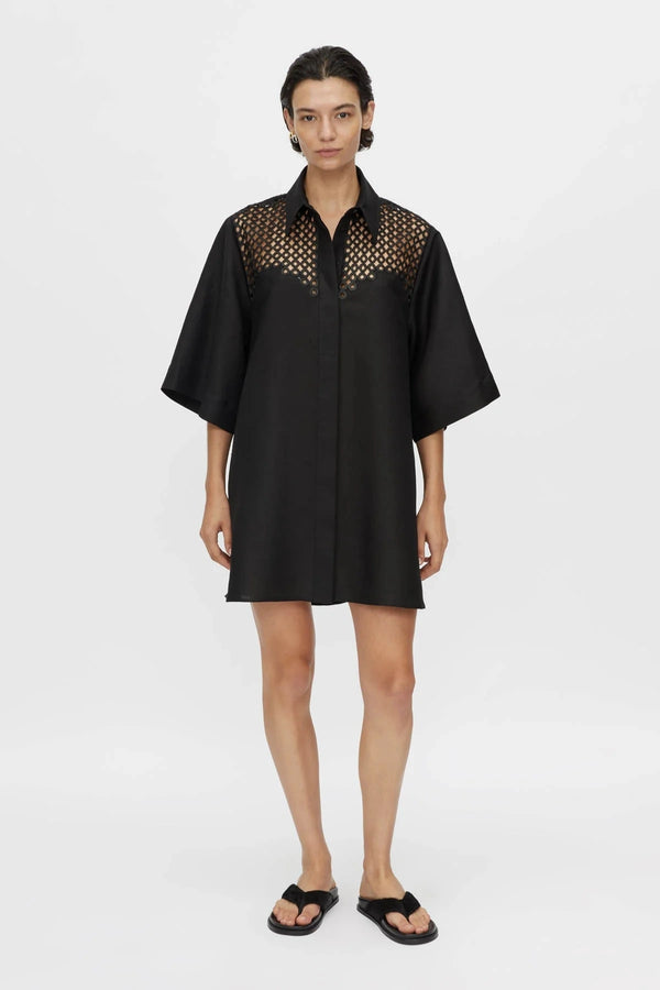 Lolani Dress Black by Camilla and Marc, linen-blend mini with signature embroidery and relaxed fit, a trendy piece perfect for travel or warm days.