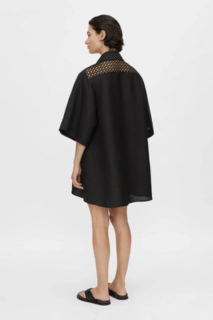 Lolani Dress Black by Camilla and Marc, linen-blend mini with signature embroidery and relaxed fit, a trendy piece perfect for travel or warm days.