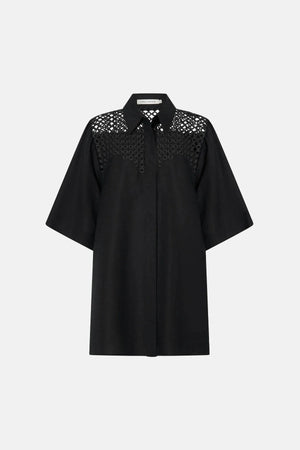Lolani Dress Black by Camilla and Marc, linen-blend mini with signature embroidery and relaxed fit, a trendy piece perfect for travel or warm days.