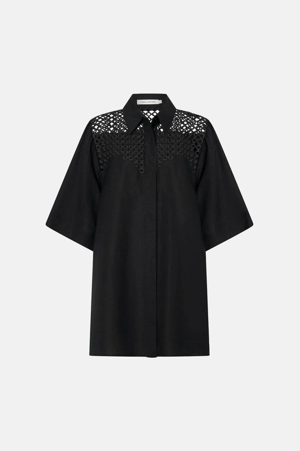 Lolani Dress Black by Camilla and Marc, linen-blend mini with signature embroidery and relaxed fit, a trendy piece perfect for travel or warm days.