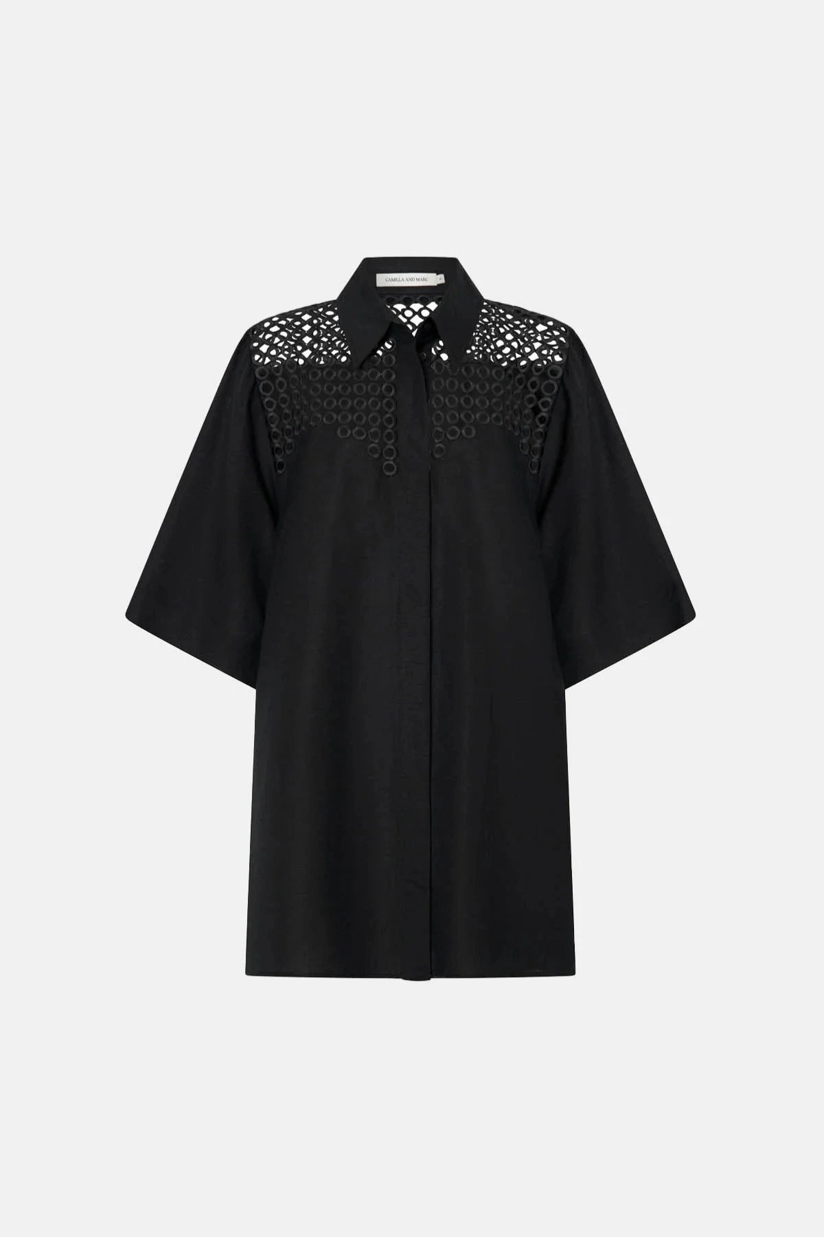 Lolani Dress Black by Camilla and Marc, linen-blend mini with signature embroidery and relaxed fit, a trendy piece perfect for travel or warm days.