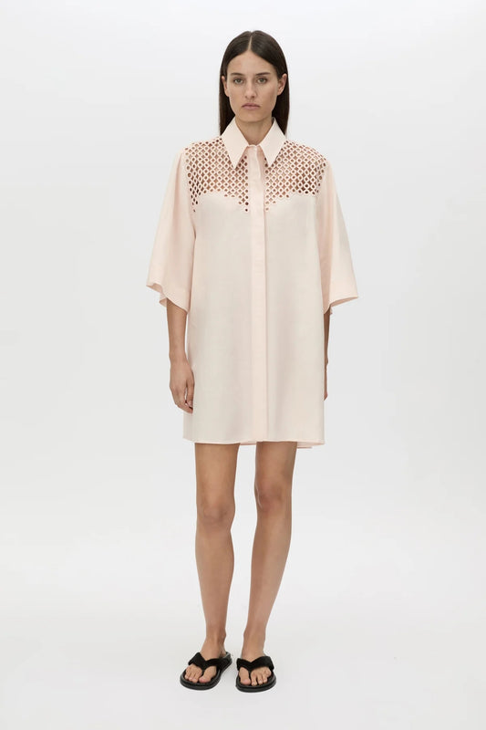 Lolani Dress Soft Pink by Camilla and Marc, linen-blend mini with circular embroidery and relaxed fit, a trendy piece perfect for travel or warm days.