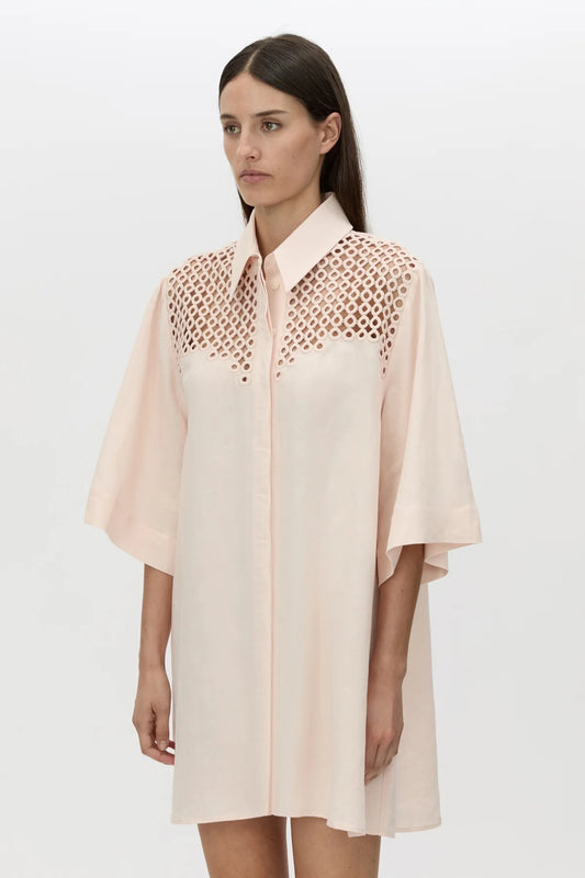 Lolani Dress Soft Pink by Camilla and Marc, linen-blend mini with circular embroidery and relaxed fit, a trendy piece perfect for travel or warm days.